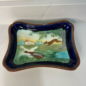 Antique Decorative Dish with Hunting Scene Scalloped Edge 10 Inch Length